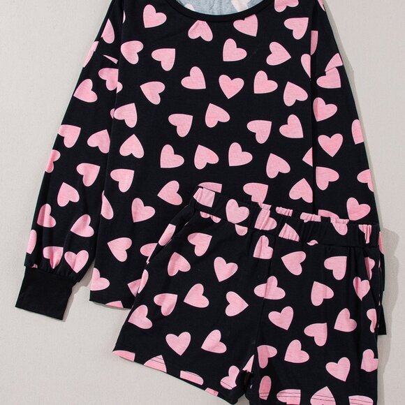 Black Valentine Heart Shape Print Long Sleeve Top Shorts Lounge Set - Picture 4 of 11